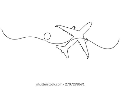 Dibujo de línea continuo minimalista de un avión volador con un icono de ruta de vuelo ondulado
