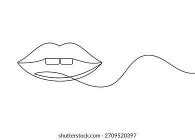 Dibujo minimalista de líneas continuas de labios femeninos sensuales con dientes sutiles.