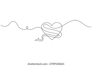 Minimalist continuous line art drawing of a heart with a graceful ribbon swirl.
