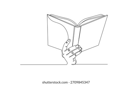 Minimalist continuous line art drawing of a hand holding an open book