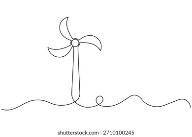 Minimalist continuous line art drawing of a wind turbine, representing renewable energy and sustainable power generation.