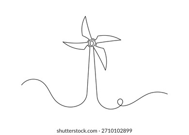 Minimalist continuous line art drawing of a wind turbine, symbolizing renewable energy and environmental sustainability.