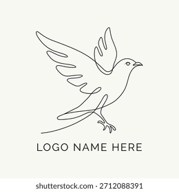 Eine minimalistische, durchgehende Linienzeichnung einer Taube im Flug, die Frieden, Freiheit und Hoffnung symbolisiert. Dieses elegante und einfache Logo-Design ist perfekt für verschiedene Marken, einschließlich der mit Spirituosen verbundenen