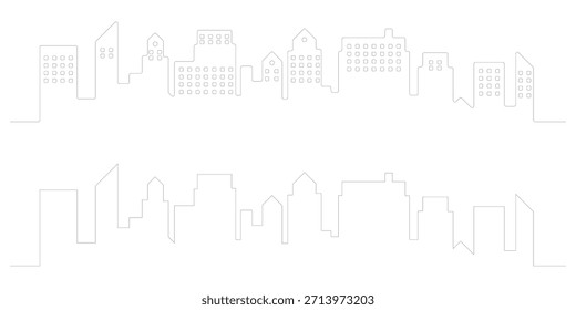 Minimalist continuous line art drawing of a modern cityscape featuring various buildings and urban architecture creating a sleek abstract skyline design element
