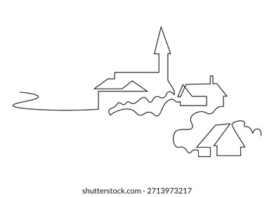 Eine minimalistische, durchgehende Linienzeichnung, die wunderschön ein charmantes, stilisiertes Dorfstadtbild mit traditionellen Häusern und einem markanten Kirchturm in einer einfachen abstrakten Landschaft darstellt, die in schwarzem Umriss auf transparentem Hintergrund dargestellt ist
