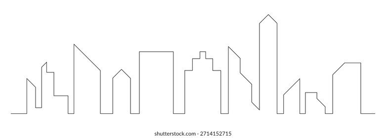 Minimalist continuous line art drawing of a modern city skyline featuring various abstract buildings representing contemporary urban architecture design concept isolated on transparent background