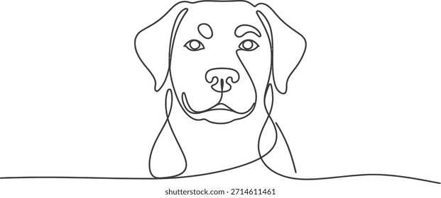 Minimalist continuous line art drawing of a Rottweiler dog's head looking directly forward on a white background.