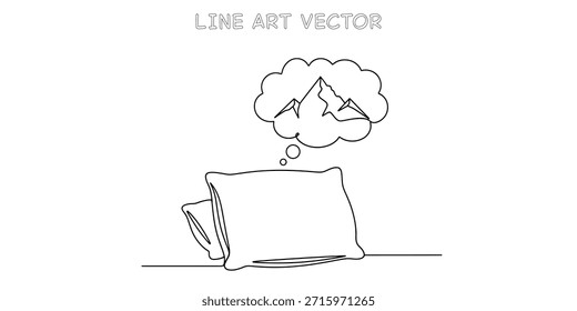 Dibujo de arte lineal continuo minimalista de una almohada suave. Una burbuja de pensamiento arriba muestra majestuosas montañas. Simbolizando sueños de viaje, aventura y escape. Ilustración vectorial