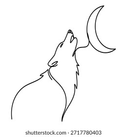 Eine minimalistische, durchgehende Strichzeichnung zeigt einen Wolf, der bei einem Halbmond heult und in einem schlichten, aber eleganten Schwarz-Weiß-Stil dargestellt ist.