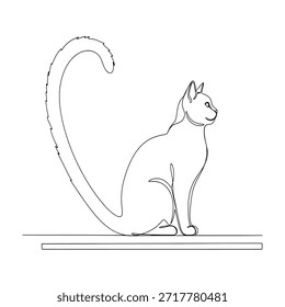 Eine minimalistische, durchgehende Strichzeichnung zeigt eine anmutige Katze, die elegant sitzt und mit ihrem langen Schwanz in einer unverwechselbaren, stilisierten Herzform auf sauberem, weißem Hintergrund nach oben gekrümmt ist.