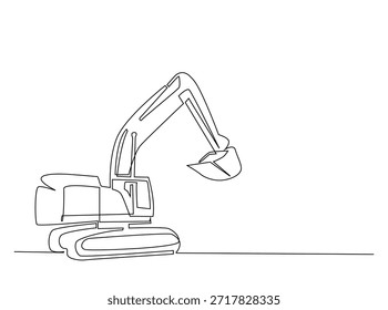 Minimalist Continuous line art drawing of Heavy Vehicle Construction Excavator. Editable stroke.