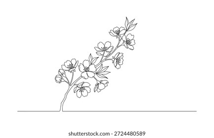 Dibujo minimalista de una delicada rama de flor de cerezo con múltiples flores y hojas, Vector de primavera