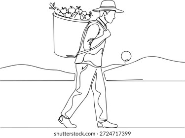 Dibujo minimalista de arte lineal continuo de un agricultor o aldeano que lleva una canasta de cosecha llena de productos frescos como manzanas, zanahorias y calabazas a través de un paisaje rural