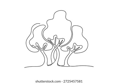 Minimalist continuous line art drawing depicting a cluster of three abstract trees. simple organic vector illustration.
