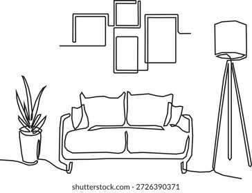 A minimalist continuous line art drawing depicting a cozy living room interior with a sofa, potted plant, floor lamp, and wall art frames.