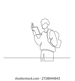 Dibujo minimalista de arte lineal continuo que representa a un estudiante dedicado a leer un libro, llevando una mochila Ideal para conceptos relacionados con la educación, el estudio y las actividades académicas