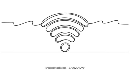 Minimalist continuous line art drawing of a wifi symbol floating on a calm sea wave representing digital connectivity signals. Vector, illustration