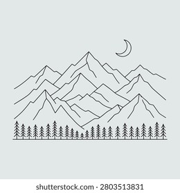 Minimalist continuous line art drawing of layered mountain peaks with pine trees and crescent moon