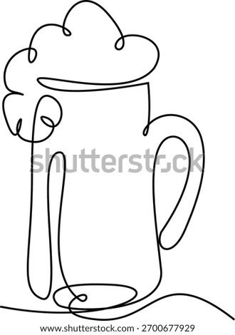 A minimalist continuous line art drawing depicts a tall glass mug overflowing with frothy beer. The single black line forms the entire shape of the glass and its bubbly contents.