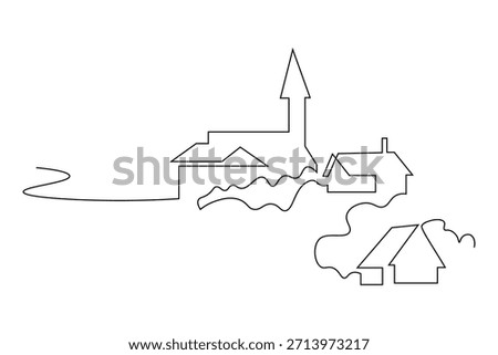 A minimalist continuous line art drawing beautifully illustrating a charming stylized village townscape featuring traditional houses and a prominent church steeple within a simple abstract landscape rendered in black outline on a transparent background