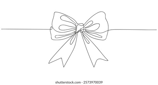 minimalist continuous line art features a ribbon bow drawn in an elegant black outline against a clean white background. vector illustration festive occasions and celebrations