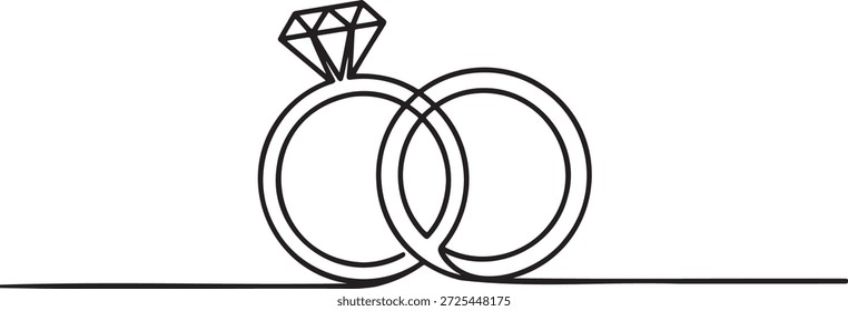 Minimalistischer, durchgehender Strich mit ineinandergreifenden Eheringen und Diamant-Verlobungsring. Ein Zeichen der Linie Symbol der Ehe Union Liebe und Engagement. Einfache schwarze Umrissvektorgrafik auf transparentem Hintergrund für Hochzeitseinladungen und romantische Designprojekte.