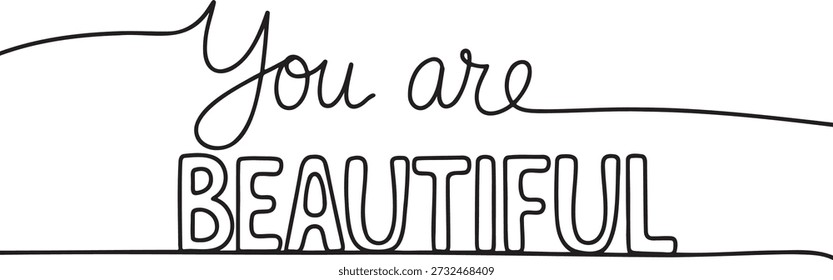 Minimalist continuous line art featuring inspirational quote you are beautiful for positive affirmations and self care message. Simple black outline typography on transparent background perfect for design elements and decor.