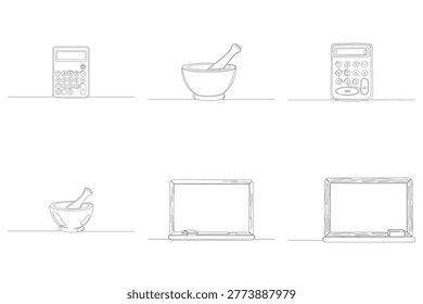 Minimalist continuous line art featuring arithmetic devices chemistry laboratory equipment and wooden teaching chalkboards icons.
