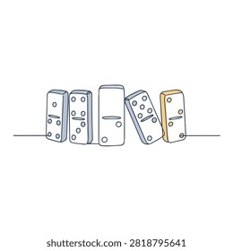 Minimalist continuous line art of five domino tiles standing in a row on a white background