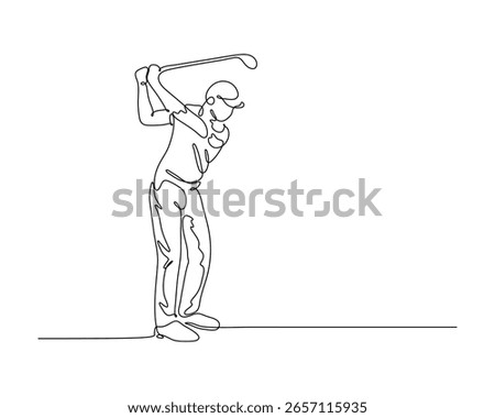 Minimalist continuous line art of a golfer mid-swing, perfect for golf-themed design and editorial use.