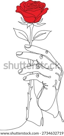 A minimalist continuous line art hand grasps a vibrant red rose, symbolizing love.