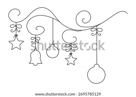 Minimalist continuous line art of hanging Christmas decorations and ornaments