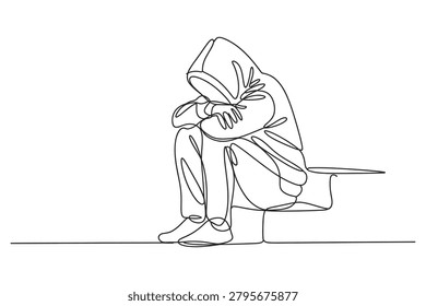 Minimalist continuous line art of a hooded figure sitting in sorrow with depression loneliness isolated struggle melancholy solitude desolate solitary minimalist monochrome mourning