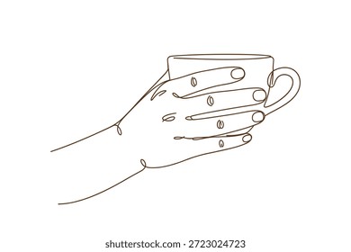 Arte de linha contínua minimalista da mão humana agarrando a xícara quente, perfeito para café da manhã ou ilustração de relaxamento, vetor isolado.
