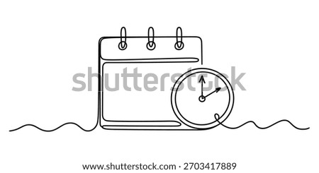Minimalist continuous line art icon of a calendar and clock, perfectly illustrating concepts of time management, scheduling, and important deadlines