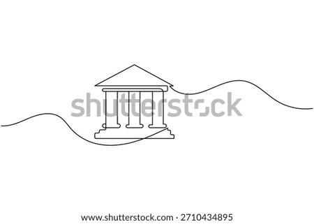 Minimalist continuous line art icon of a building, symbolizing law or finance.