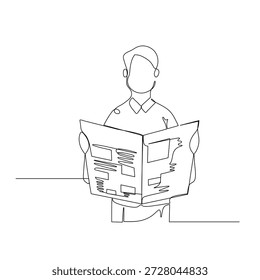 Arte em linha contínua minimalista ilustra uma pessoa envolvida na leitura de um jornal diário, ideal para conceitos de notícias, educação, comunicação e cidadania informada Este design único enfatiza o foco e o fluxo de informações