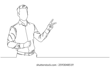 A minimalist, continuous line art illustration of a man in a shirt and trousers, gesturing the peace sign, also indicative of the number two. Perfect for conveying concepts of guidance, leadership