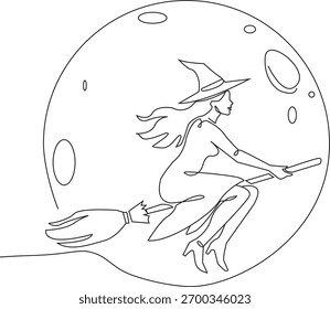 Uma ilustração de arte em linha contínua minimalista de uma bruxa voando em seu vassoura de perfil, silhuetada contra uma lua cheia, incorporando magia e espírito de Halloween.