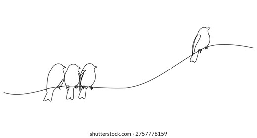 Minimalist continuous line art illustration of four small birds perched on a single thin wire