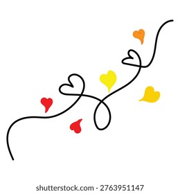 A minimalist continuous line art illustration featuring heart shapes and scattered colorful hearts in red, yellow, and orange, isolated on a white background.