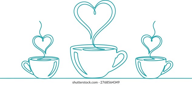 Minimalist continuous line art illustration features three coffee cups with rising heart-shaped steam. Perfect for Valentine's Day, cafe branding, or love-themed designs on a white background.