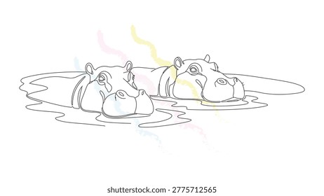 Minimalist continuous line art illustration featuring pair of hippos submerged in water complemented by soft watercolor paint effects.