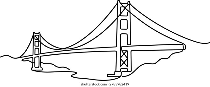 Minimalist continuous line art illustration of the iconic Golden Gate Bridge in San Francisco