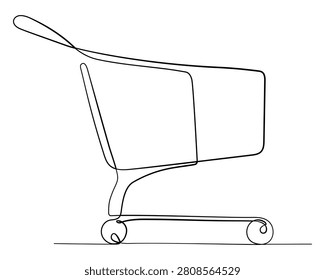 Minimalist continuous line art illustration of a shopping cart. Isolated vector design on a white background.