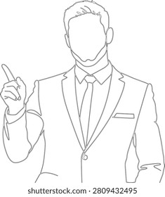 Minimalist continuous line art illustration of a faceless businessman in a suit pointing his finger up. Clean black and white vector outline concept for corporate presentation, business idea, leadership, or success.