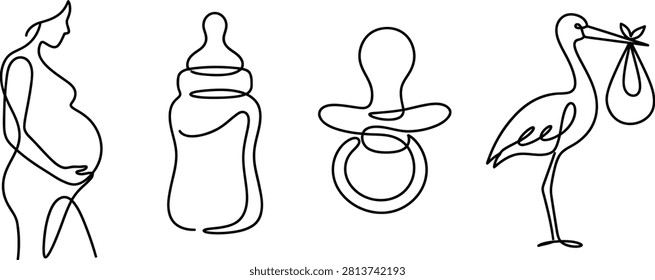 A minimalist continuous line art illustration featuring a pregnant woman, a baby bottle, a pacifier, and a stork carrying a bundle, symbolizing birth and motherhood.