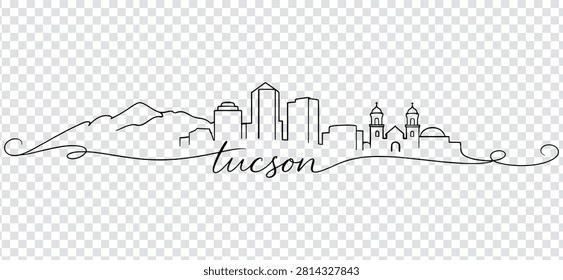 Minimalist continuous line art illustration of the Tucson city skyline, featuring iconic buildings and mountain silhouettes, elegant script lettering.