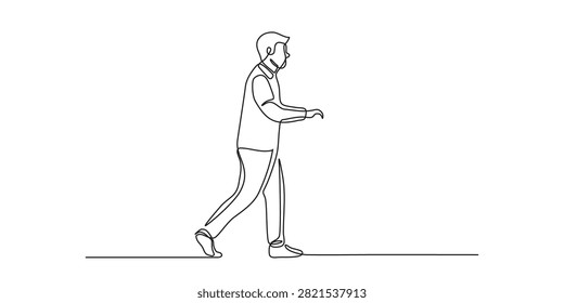 Minimalist continuous line art illustration of a man walking forward in a steady pace