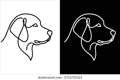 Minimalistisches, durchgehendes Line-Art-Logo eines Golden Retriever Hundekopfprofils. Das Design wird durch eine einzige schwarze Linie gebildet, die ein abstraktes, modernes Vektorsymbol auf sauberem, weißem Hintergrund erzeugt. Ideal für Tiermarken, Tierkliniken oder moderne Tiersymbole.